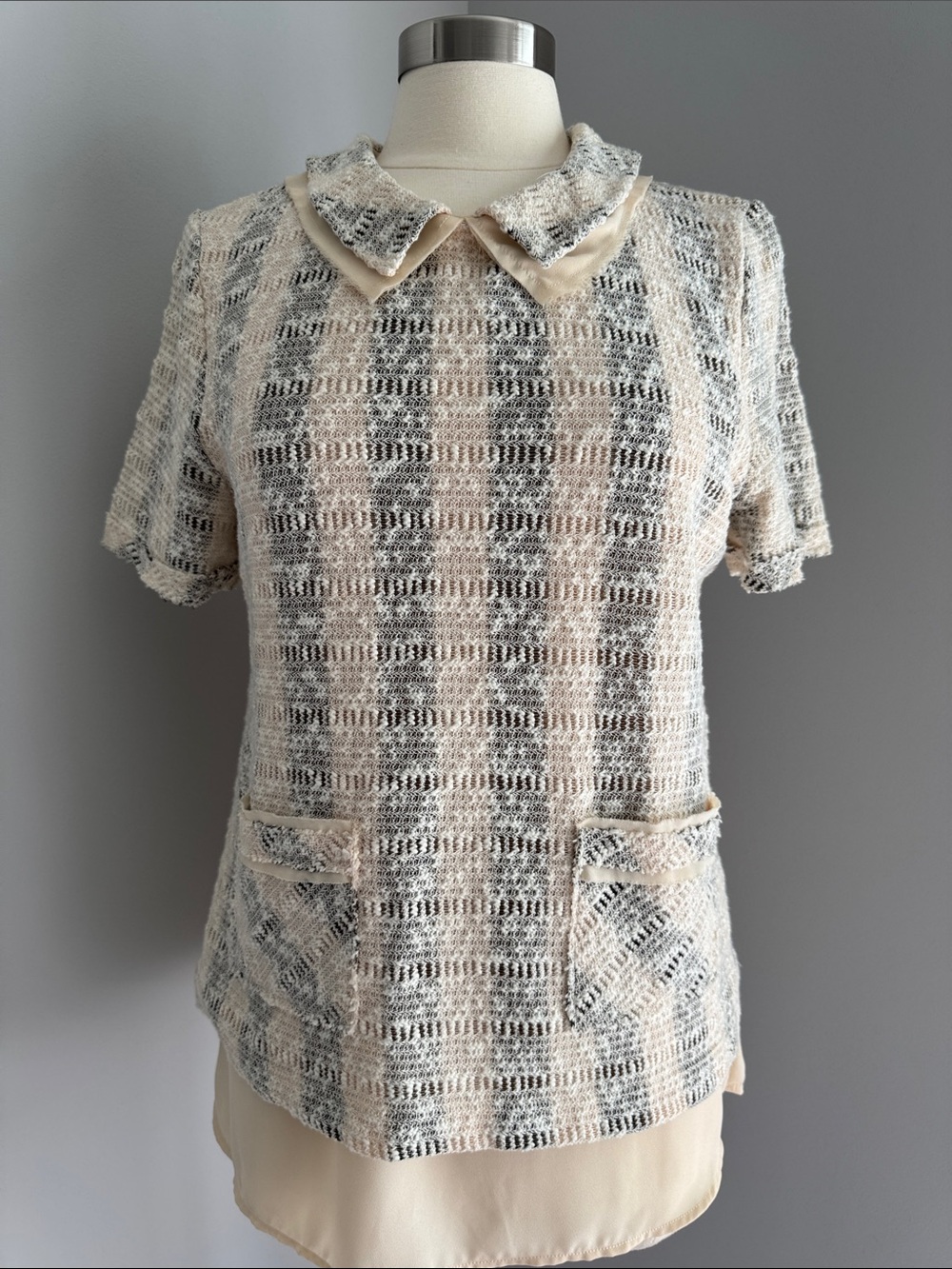 Anthropologie 9-HI5 S’CL Cadence Tweed Peter Pan Collar Top Blush Black Large